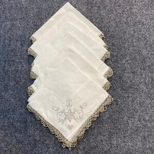 Vintage Set of 6 Cut Work Linen White Crochet Lacy Embroidered Dinner Napkins